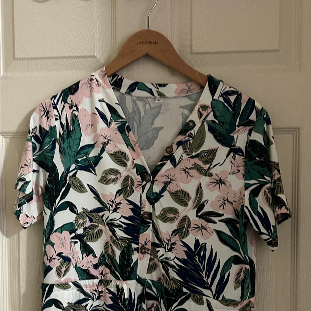 Women's Leaf Print dress Amazon J - Green and Pink